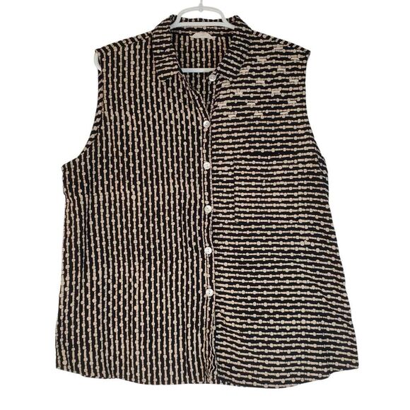 Marketplace Handwork Of Inida Tops - Marketplace Handwork of India Button-up Cotton Printed Shirt Blouse Black Tan 1W